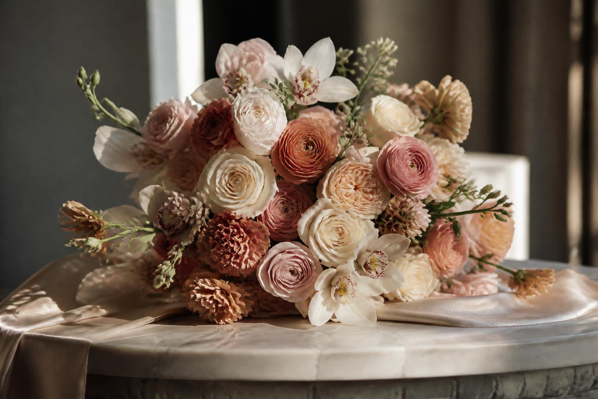 Luxury ivory and blush floral arrangement on draped silk